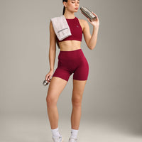 EasyLift™ High Neck Sports Bra with Grey Logo | Ruby Red
