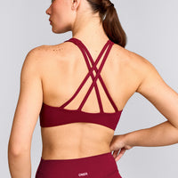 EasyLift™ High Neck Sports Bra with Gray Logo | Ruby Red