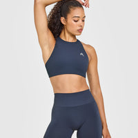 EasyLift™ High Neck Sports Bra with White Logo | True Blue