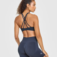 EasyLift™ High Neck Sports Bra with White Logo | True Blue