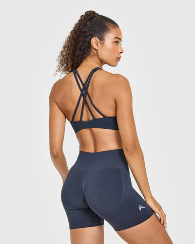 EasyLift™ High Neck Sports Bra with White Logo | True Blue