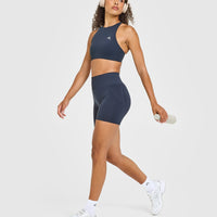 EasyLift™ High Neck Sports Bra with White Logo | True Blue