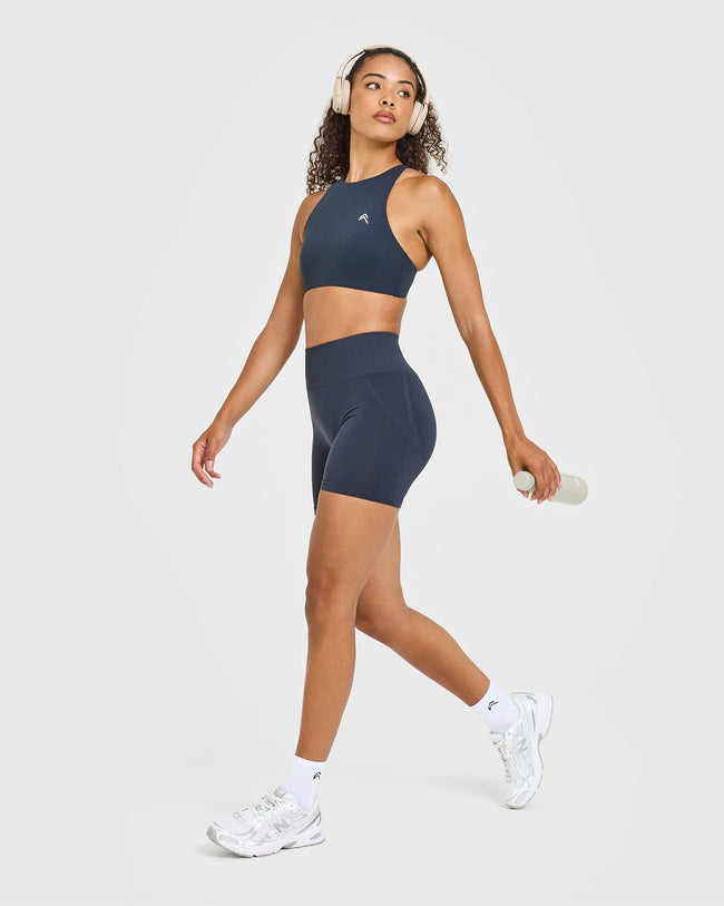 EasyLift™ High Neck Sports Bra with White Logo | True Blue
