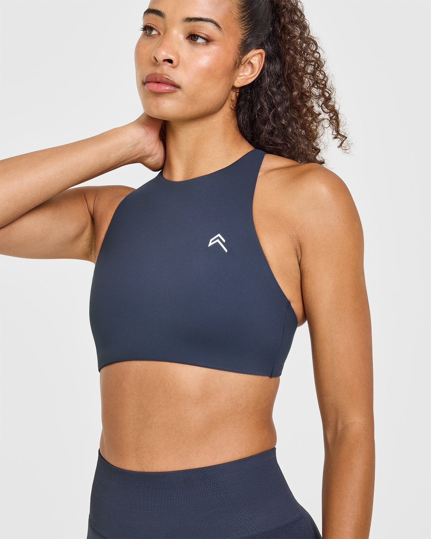 EasyLift™ High Neck Sports Bra with White Logo | True Blue