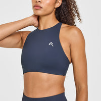 EasyLift™ High Neck Sports Bra with White Logo | True Blue