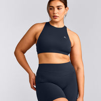 EasyLift™ High Neck Sports Bra with Gray Logo | True Blue