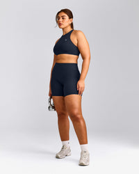 EasyLift™ High Neck Sports Bra with Gray Logo | True Blue