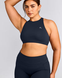 EasyLift™ High Neck Sports Bra with Gray Logo | True Blue
