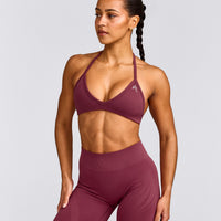 EnhanceLift™ Seamless Minimal Halter Neck Bralette with Gray Logo | Burnt Maroon