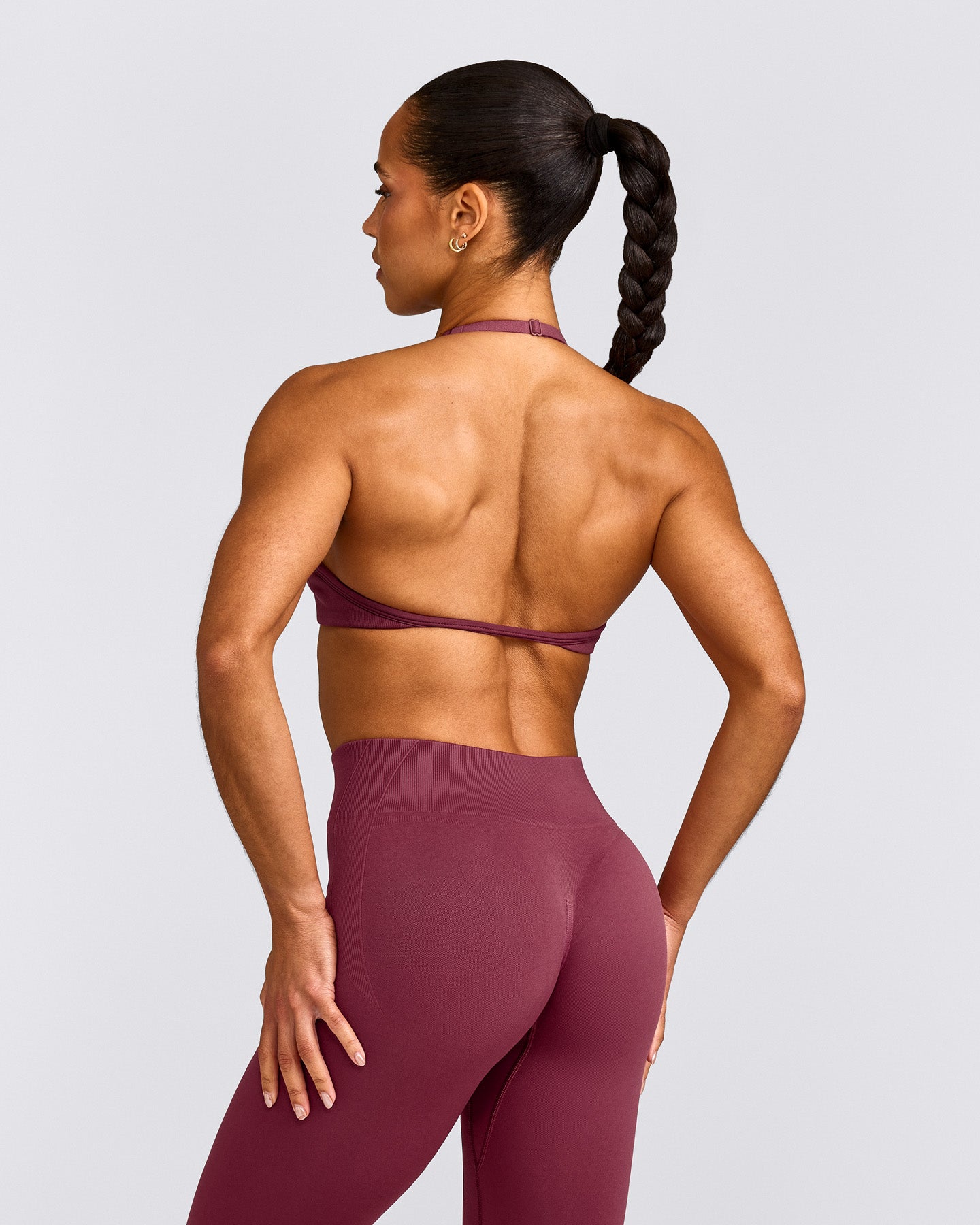 EnhanceLift™ Seamless Minimal Halter Neck Bralette with Gray Logo | Burnt Maroon
