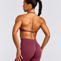 EnhanceLift™ Seamless Minimal Halter Neck Bralette with Gray Logo | Burnt Maroon
