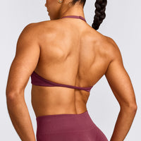 EnhanceLift™ Seamless Minimal Halter Neck Bralette with Gray Logo | Burnt Maroon
