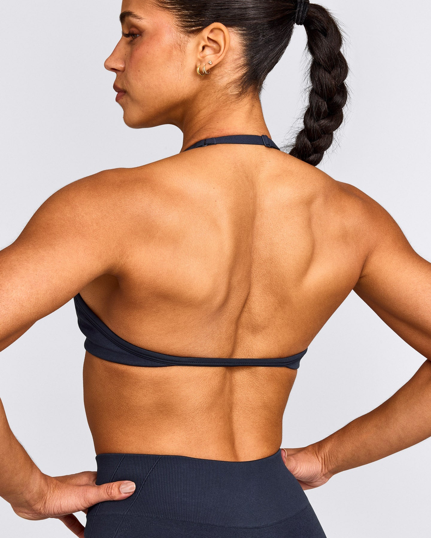 EnhanceLift™ Seamless Minimal Halter Neck Bralette with Gray Logo | True Blue