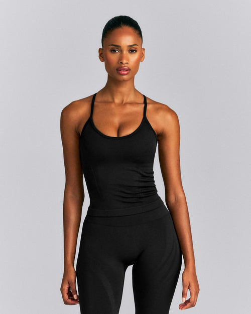 EnhanceLift™ Seamless Strappy Racer Tank Top with Built in Bra | Black