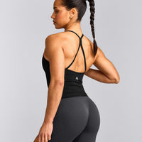 EnhanceLift™ Seamless Strappy Racer Vest with Built in Bra Shelf with Grey Logo | Black