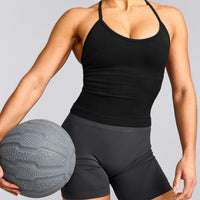EnhanceLift™ Seamless Strappy Racer Vest with Built in Bra Shelf with Grey Logo | Black