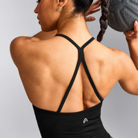 EnhanceLift™ Seamless Strappy Racer Vest with Built in Bra Shelf with Grey Logo | Black