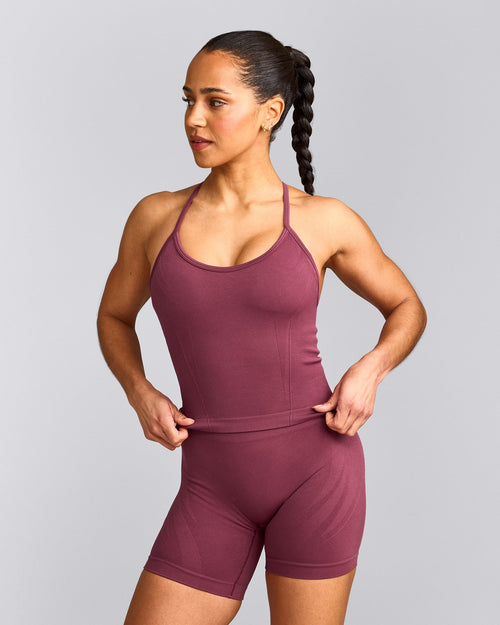 EnhanceLift™ Seamless Strappy Racer Tank Top with Built in Bra Shelf | Burnt Maroon Red