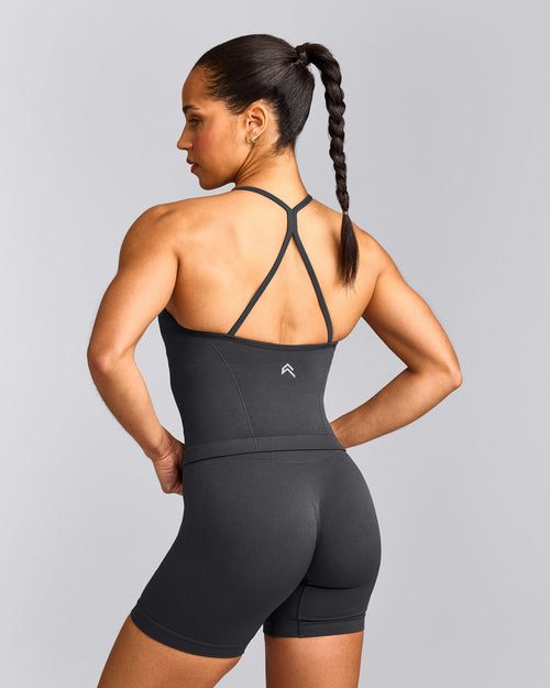 EnhanceLift™ Seamless Strappy Racer Tank Top with Built in Bra Shelf | Coal