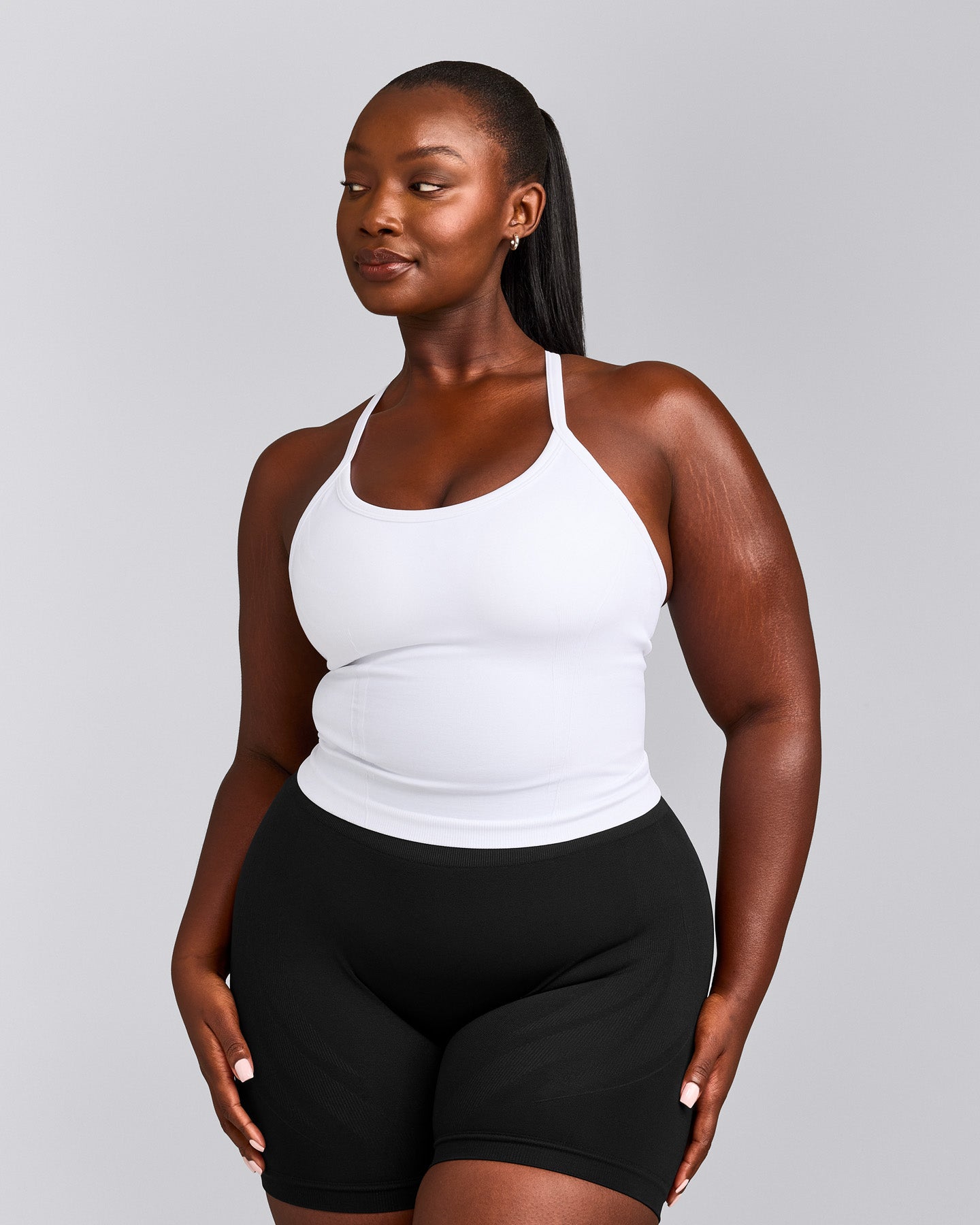 EnhanceLift™ Seamless Strappy Racer Tank Top with Built in Bra Shelf with Gray Logo | White