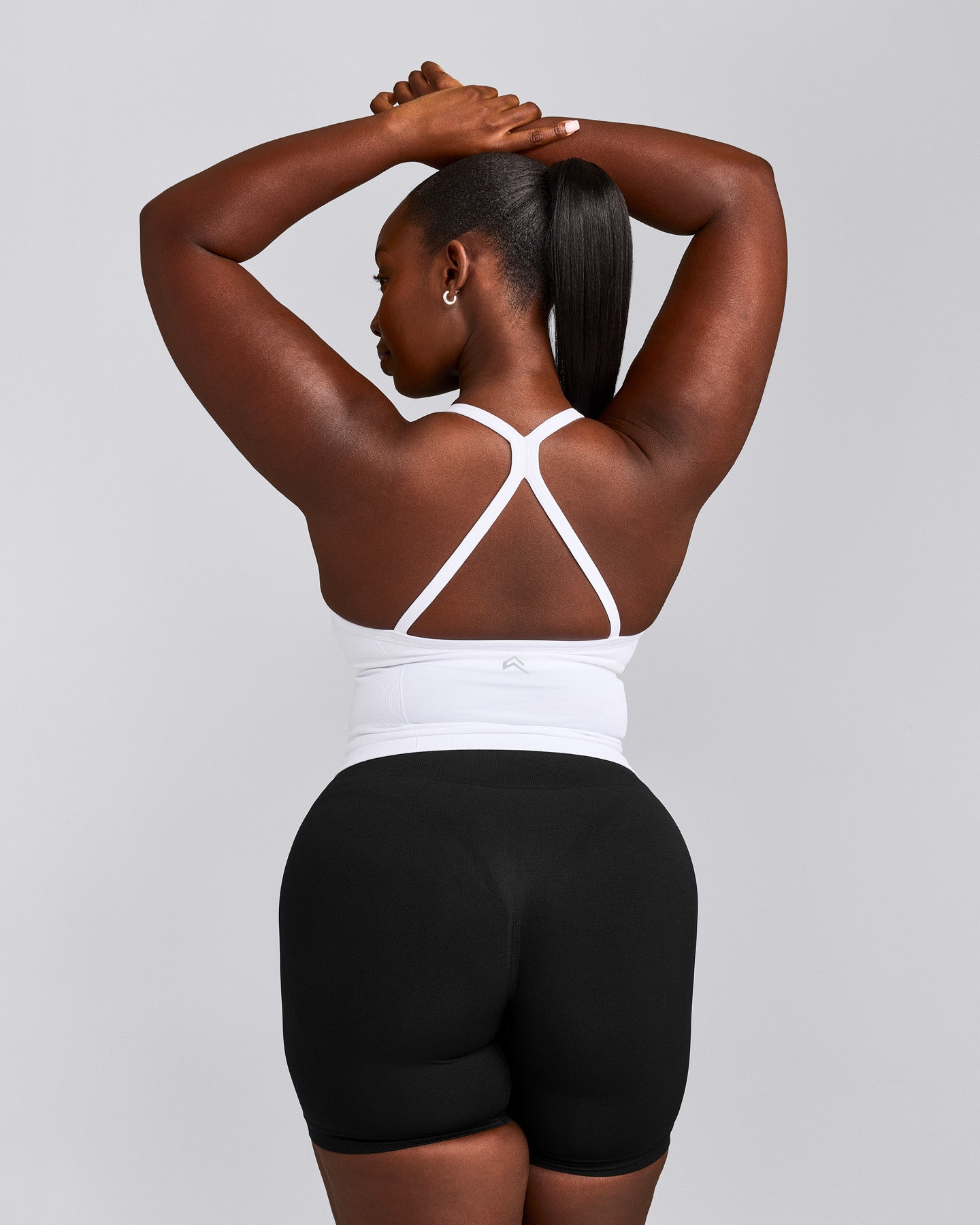 EnhanceLift™ Seamless Strappy Racer Tank Top with Built in Bra Shelf with Gray Logo | White