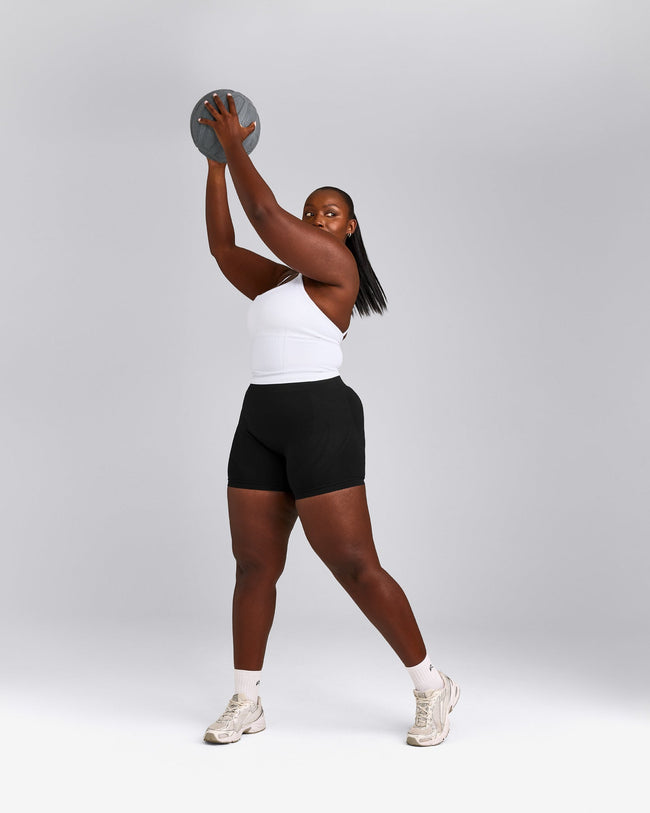 EnhanceLift™ Seamless Strappy Racer Tank Top with Built in Bra Shelf with Gray Logo | White