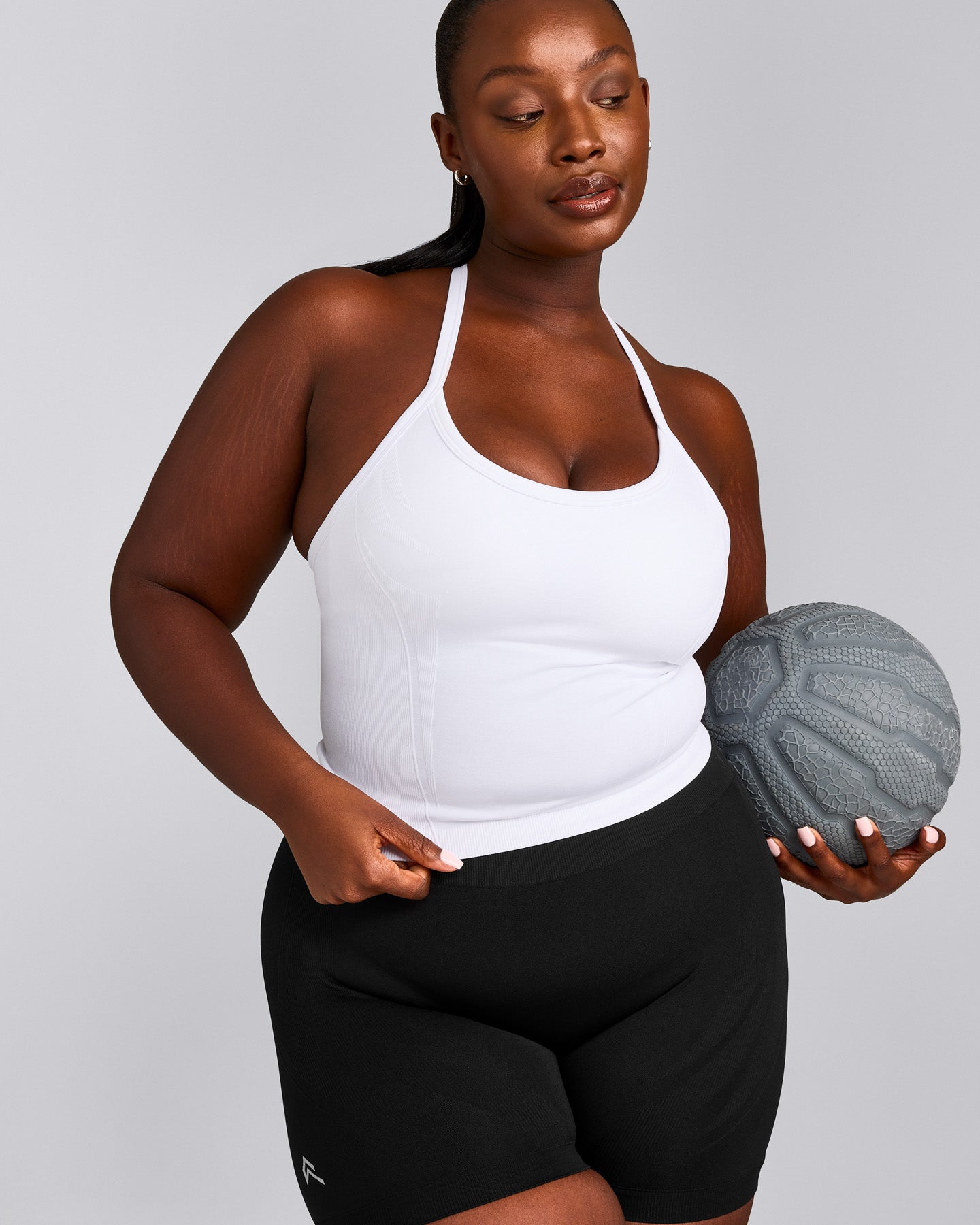 EnhanceLift™ Seamless Strappy Racer Tank Top with Built in Bra Shelf with Gray Logo | White