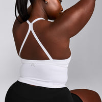 EnhanceLift™ Seamless Strappy Racer Tank Top with Built in Bra Shelf with Gray Logo | White