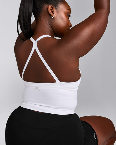 EnhanceLift™ Seamless Strappy Racer Tank Top with Built in Bra Shelf with Gray Logo | White