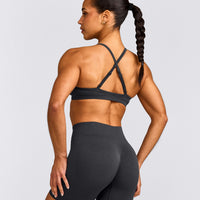 EnhanceLift™ Seamless Strappy Sports Bra with Gray Logo | Coal