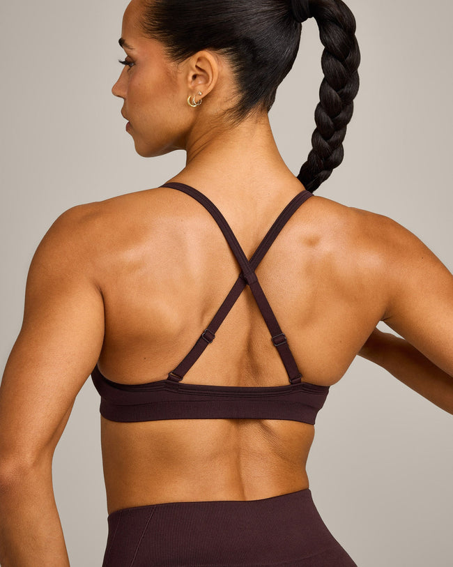 EnhanceLift™ Seamless Strappy Sports Bra with Grey Logo | Plum Brown