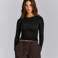 Fitted Cotton Long Sleeve Crew Neck Top | Black