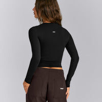 Fitted Cotton Long Sleeve Crew Neck Top | Black