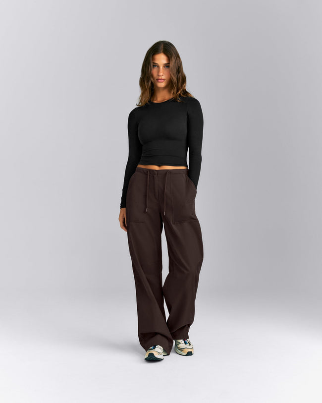 Fitted Cotton Long Sleeve Crew Neck Top | Black