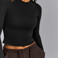 Fitted Cotton Long Sleeve Crew Neck Top | Black