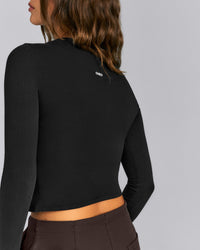Fitted Cotton Long Sleeve Crew Neck Top | Black