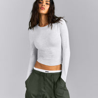 Fitted Cotton Long Sleeve Crew Neck Top | Light Gray Marl