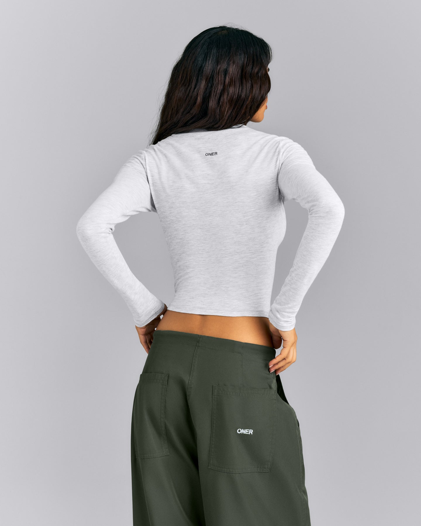 Fitted Cotton Long Sleeve Crew Neck Top | Light Gray Marl