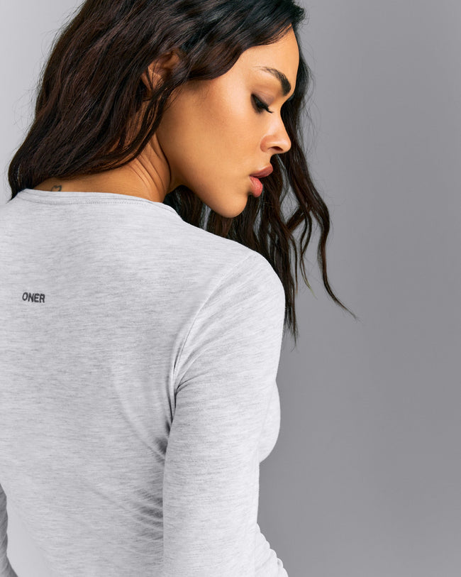 Fitted Cotton Long Sleeve Crew Neck Top | Light Gray Marl