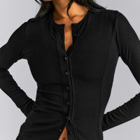 Mellow™ Rib Long Sleeve Cardigan with Embroidered Logo | Black