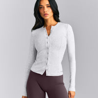 Mellow™ Rib Long Sleeve Cardigan with Embroidered Logo | Light Grey Marl
