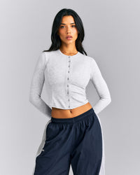 Mellow™ Rib Mid Long Sleeve Cardigan with Embroidered Logo | Light Grey Marl