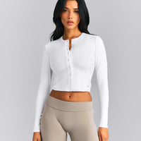 Mellow™ Rib Mid Long Sleeve Cardigan with Embroidered Logo | White