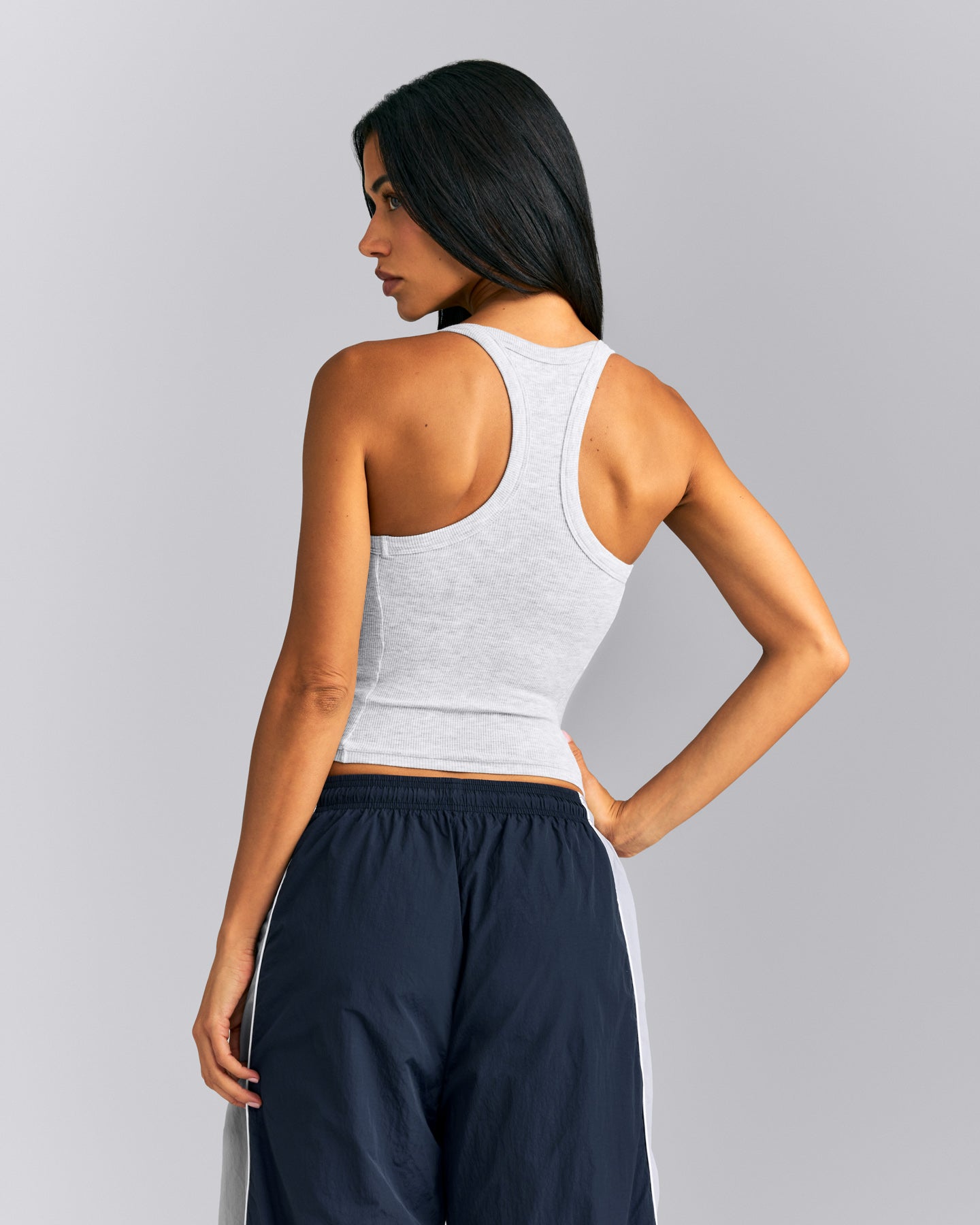 Mellow™ Rib Racer Back Mid Vest with Built in Bra Shelf | Light Grey Marl