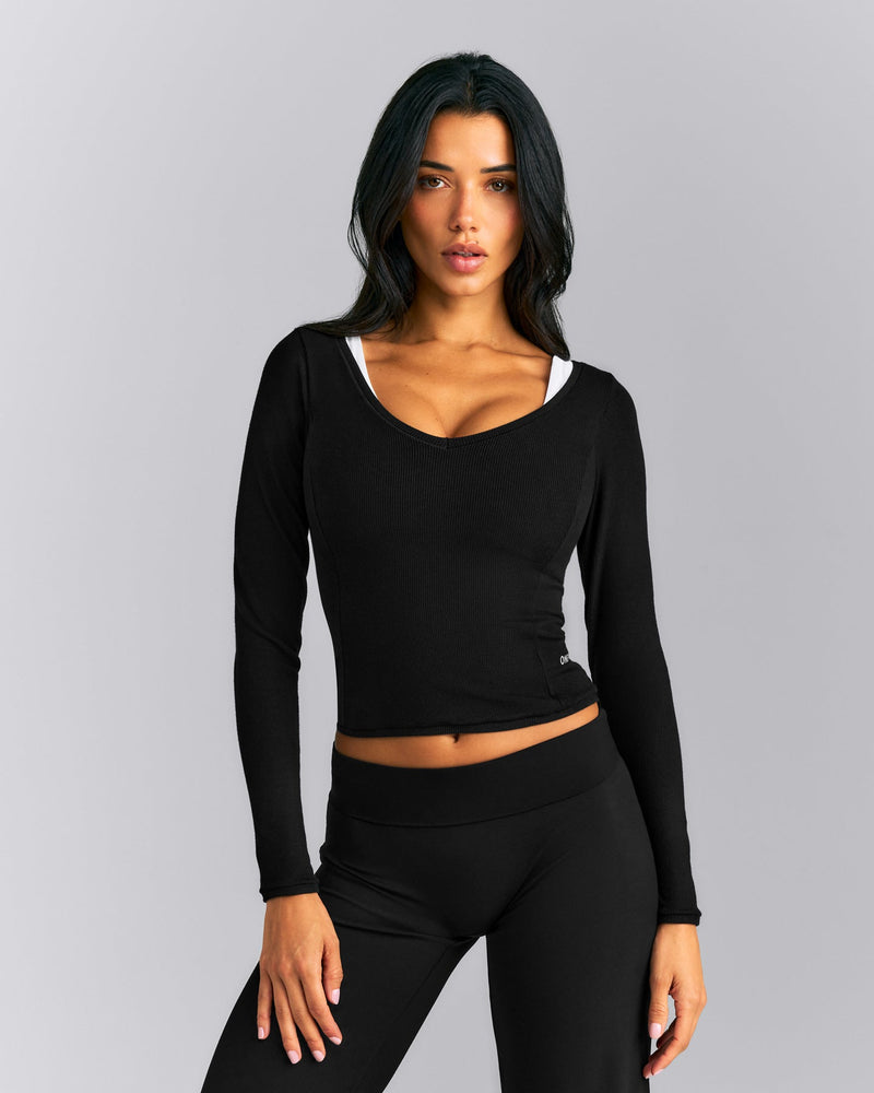 Mellow™ V Neck Mid Long Sleeve Top in Black | Oner Active