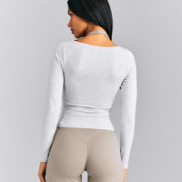 Mellow™ Rib V Neck Mid Long Sleeve Top | Light Gray Marl