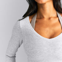 Mellow™ Rib V Neck Mid Long Sleeve Top | Light Gray Marl