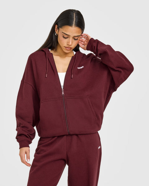 Mid Weight Relaxed Zip Through Hoodie Rosewood | Oner Active