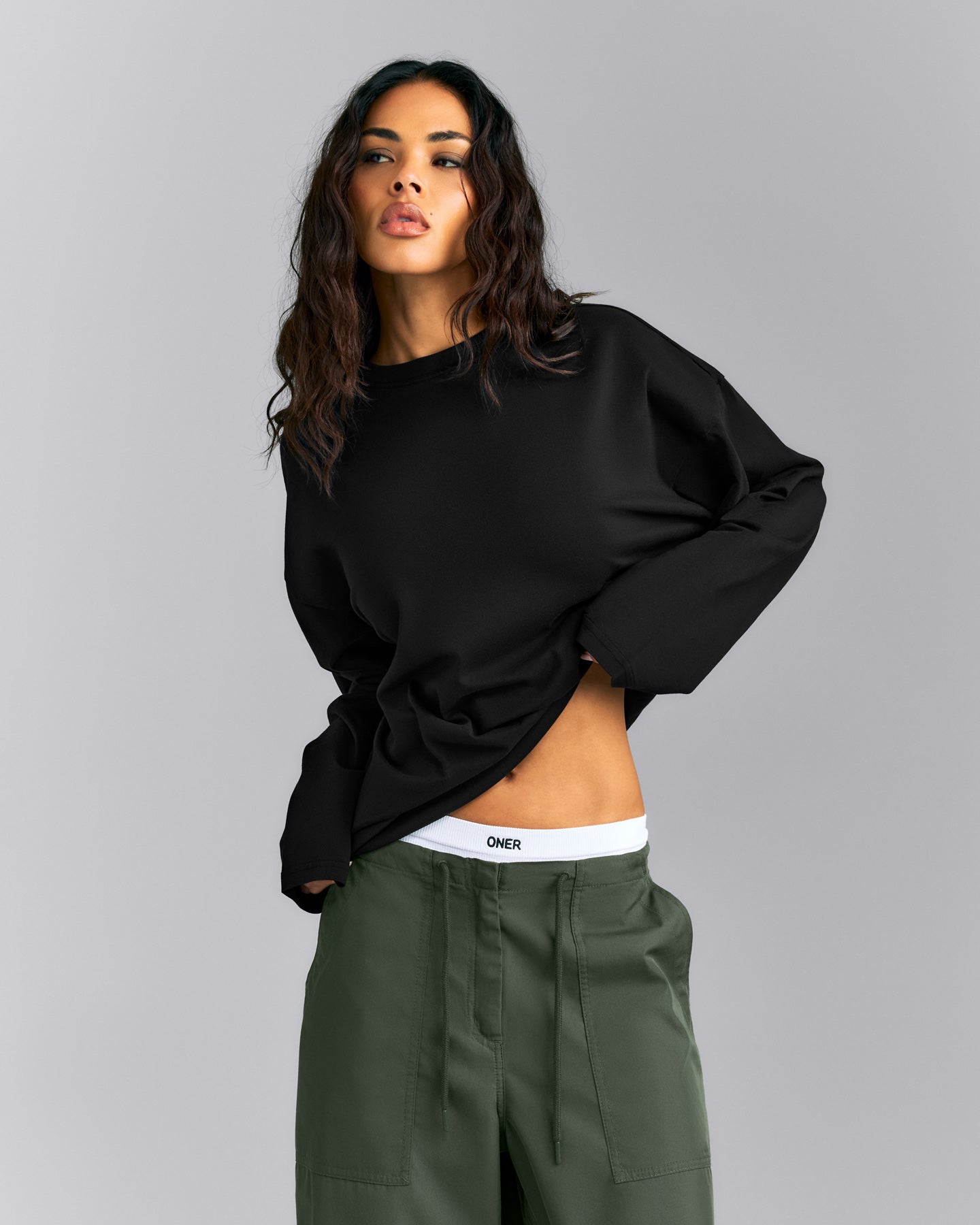 Oversized Cotton Long Sleeve Top | Black
