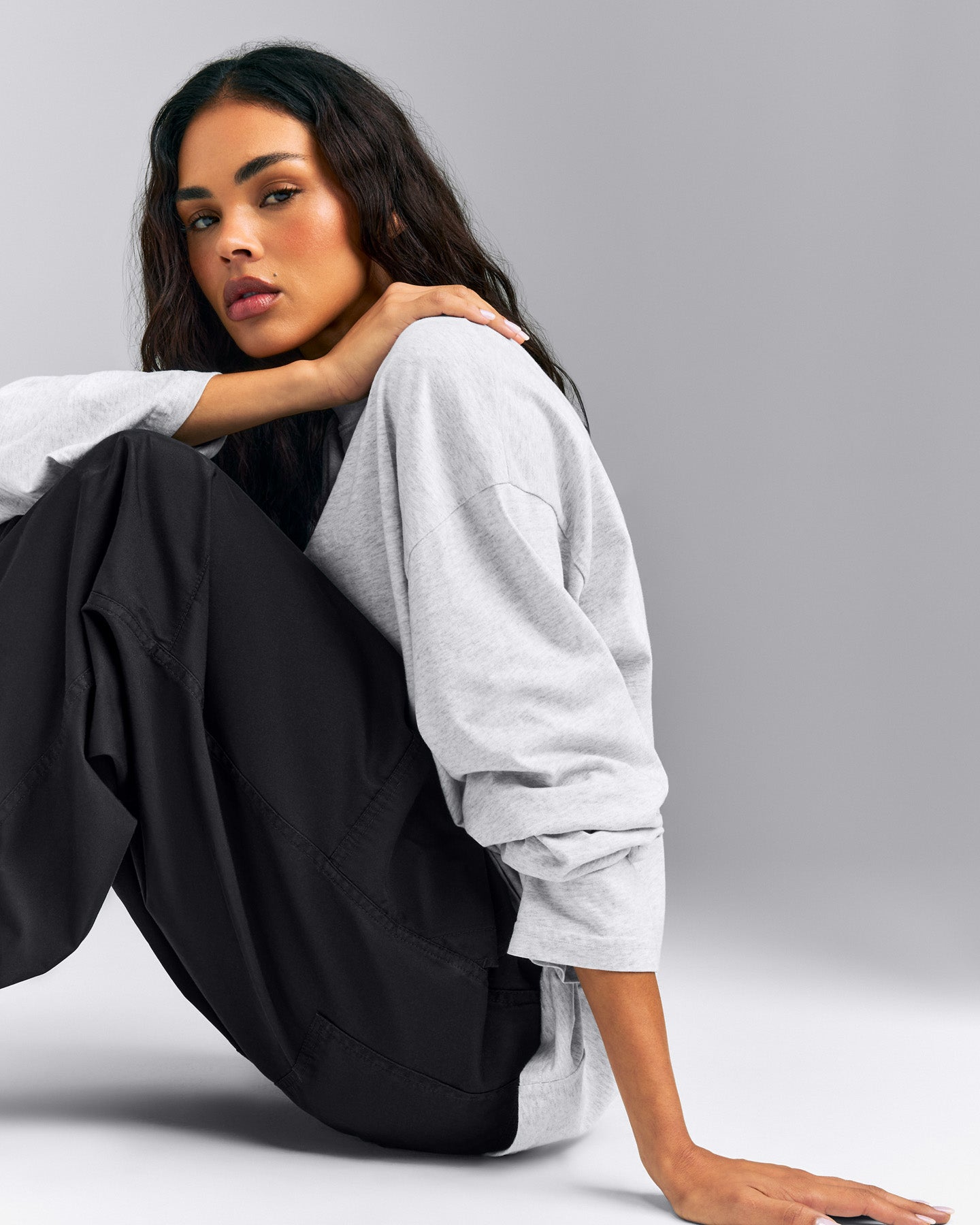 Oversized Cotton Long Sleeve Top | Light Gray Marl